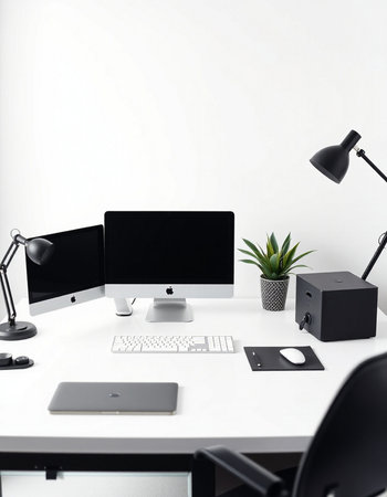 workplace with computer, lamp and other items, 3d render