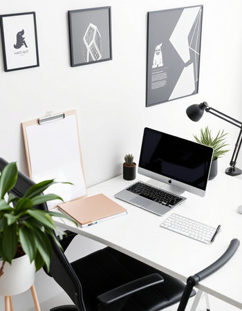 Workplace with computer, stationery and plants in modern office interior