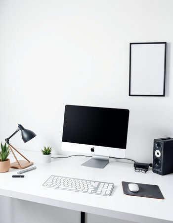 Modern workplace with computer, keyboard, mouse, coffee cup and other items