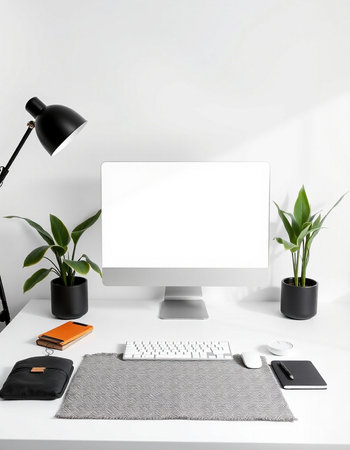 Modern workspace with blank white computer screen, stationery and plants on white table. Mock up, 3D...