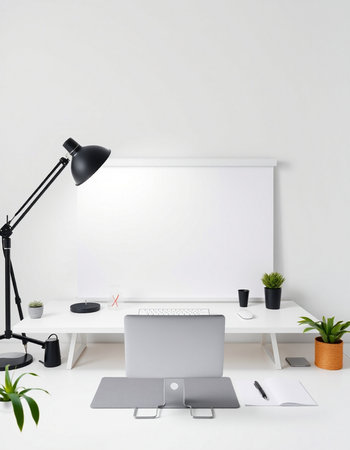 Modern workspace with blank whiteboard, computer and office supplies. Mock up, 3D Rendering