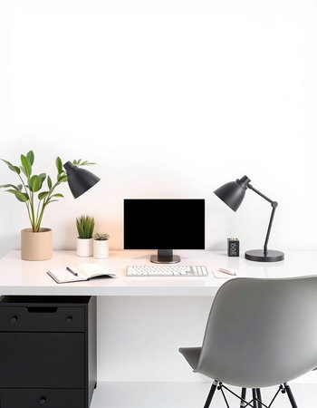 Minimalist workspace with computer, keyboard, mouse, lamp and plant on white wall background