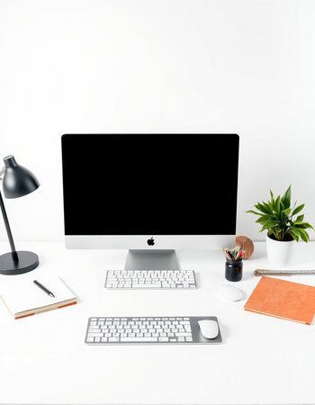 Modern workplace with blank computer screen, keyboard, stationery and other objects. Mock up, 3D...
