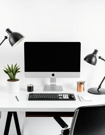 Minimalistic workplace with blank computer screen, keyboard, mouse, coffee cup and other items. Mock...