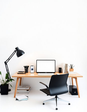 Modern workplace with blank screen laptop computer, coffee cup, stationery and plants on white wall...