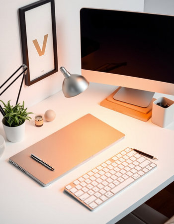 Modern workspace with computer, stationery and decorations. 3d render