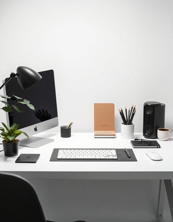 Modern workplace with computer, keyboard and mouse. 3d render.