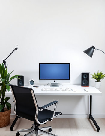 workplace with computer, lamp and chair in modern office, nobody
