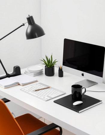 Workplace with computer, lamp and stationery on table in office