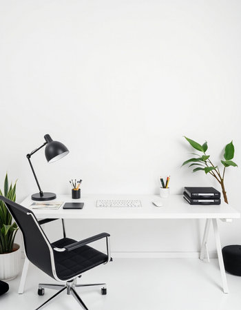 Modern office interior with white walls, concrete floor, white computer table and black chair. 3d...