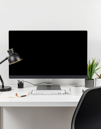 Modern workspace with computer, keyboard, coffee cup and other items. Mock up