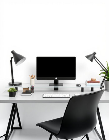 Modern workplace with computer and supplies on white background. Workplace concept. 3D Rendering