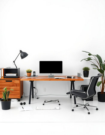 Modern office interior with furniture, computer and plants. 3d render