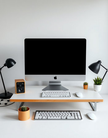 Modern workspace with computer, keyboard, mouse, lamp and cactus