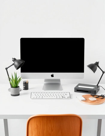 Front view of modern workplace with blank computer screen, lamp, stationery and decorations on white...