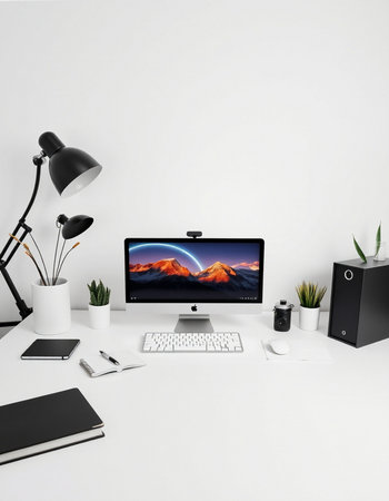 Modern workspace with computer, supplies and coffee cup. 3d rendering.