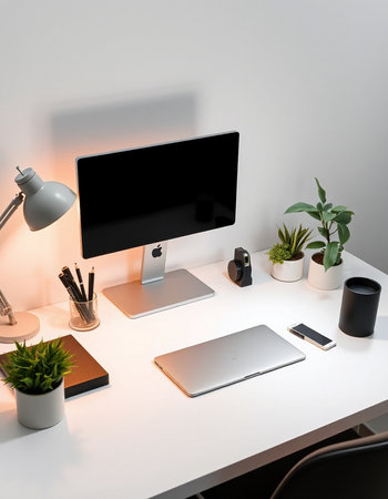 3D Rendering : Close up of modern designer desktop with blank black computer screen, supplies and...
