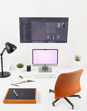 3D Rendering : illustration of modern creative designer workspace with computer monitor and graphics...