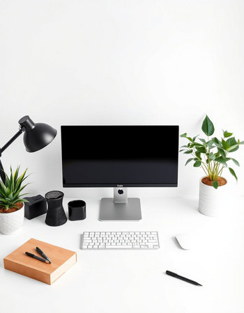 Modern workspace with blank computer monitor, keyboard, stationery and plants. Mock up, 3D Renderingの写真素材