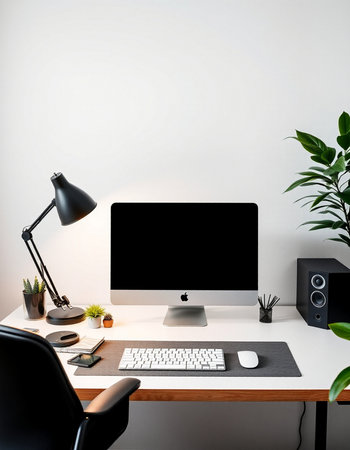 workplace with computer, keyboard, mouse, lamp and plant on table