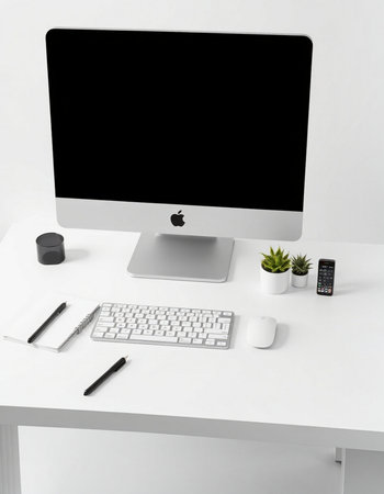 Computer with blank screen on white table. 3d render illustration.