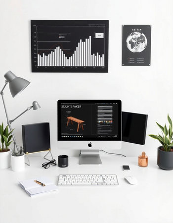 Modern workspace with computer, coffee cup and graphics on the screen.
