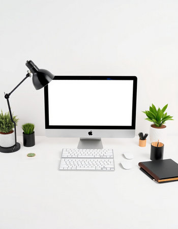Modern desktop with blank screen, computer and stationery on white background