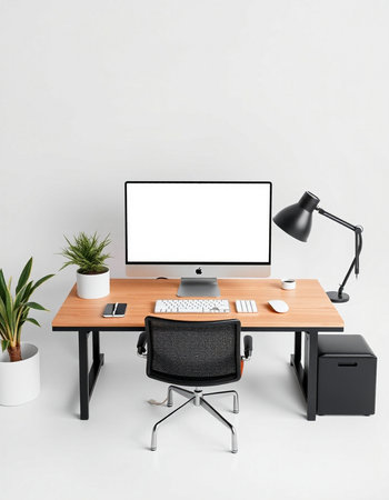 Modern workplace with computer, keyboard, mouse, lamp and other items. 3D Rendering