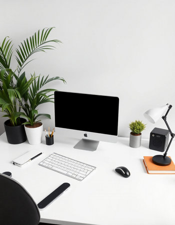 Front view of modern designer desktop with blank black computer screen, keyboard, mouse, coffee cup...