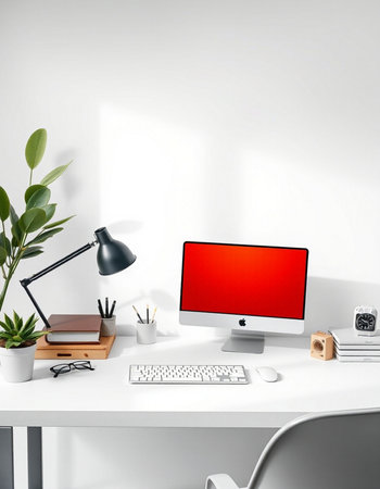 Workplace with computer, lamp, stationery and plant. 3D Rendering