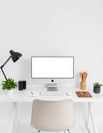 Minimalistic workplace with blank screen computer, supplies and coffee cup on white table. Mock up