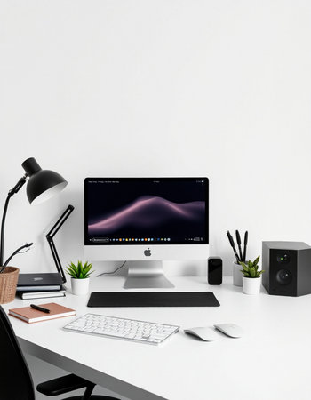 Modern designer desktop with computer, supplies and gadgets. 3d rendering.