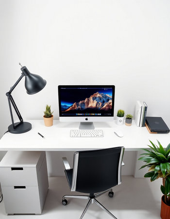 workplace with computer, lamp and other objects in modern office interior