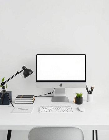 Workplace with blank computer screen and stationery on white table. Mock up, 3D Rendering