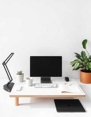 workplace with computer, cup of coffee and plant on white background