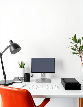 workplace with computer, lamp and coffee cup. 3d rendering
