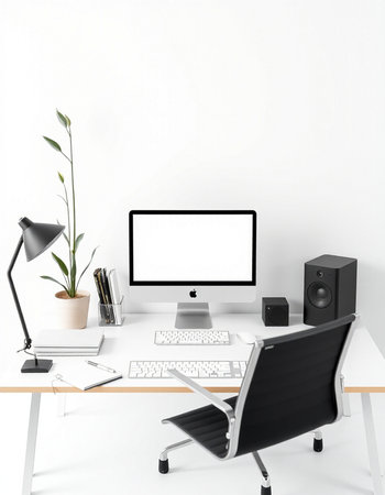 3D Rendering : illustration of modern designer desktop with blank white computer screen, keyboard,...