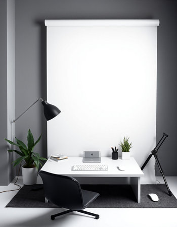 Interior of modern office with gray walls, concrete floor, white computer table with black chair and white mock up poster. 3d renderingの写真素材