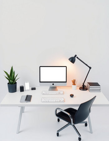 workplace with computer, stationery and lamp on white wall background