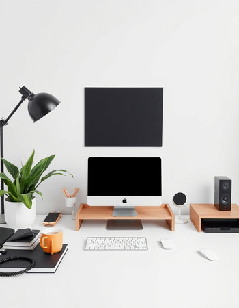 Modern workspace with computer, keyboard, mouse, coffee cup and other items. Mock up, 3D Rendering