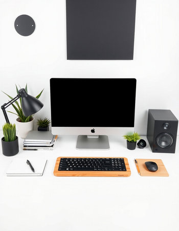 Modern workspace with blank computer monitor, keyboard, stationery and copy space on white wall....