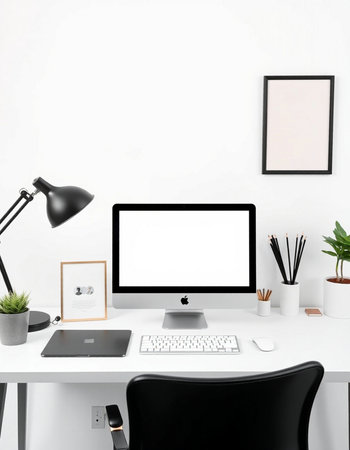 Modern workspace with computer, supplies and copy space on white wall. 3D Rendering