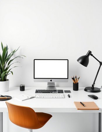 Modern workplace with blank computer screen, coffee cup, supplies and plant. Mock up, 3D Rendering