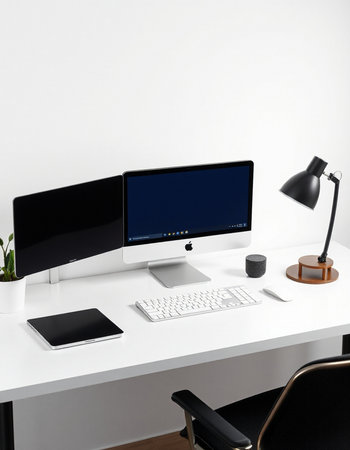 workplace with computer, lamp, keyboard and mouse, 3d render