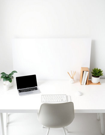 workplace with blank screen, laptop and stationery on white table