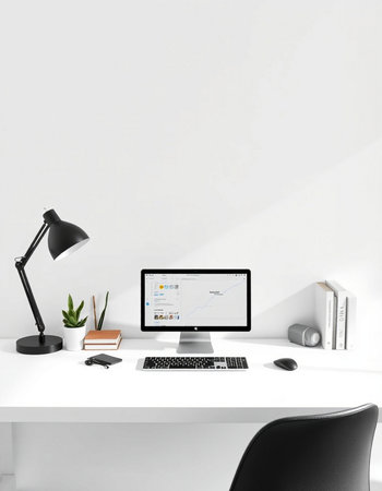 workplace with computer, lamp, stationery and plant. 3d rendering