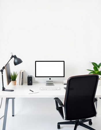 workplace with computer, lamp and other objects, interior design concept