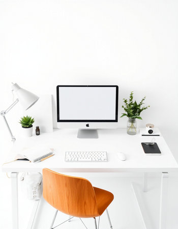 workplace with computer, lamp and other stuff in modern office interior