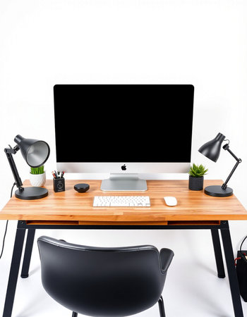 Modern workspace with computer on wooden desk and black chair on white background