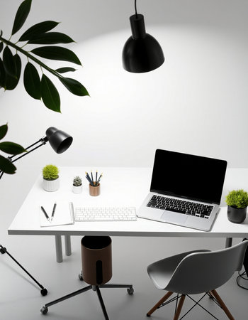 Modern workplace with laptop, lamp and other objects on white background. 3D rendering.